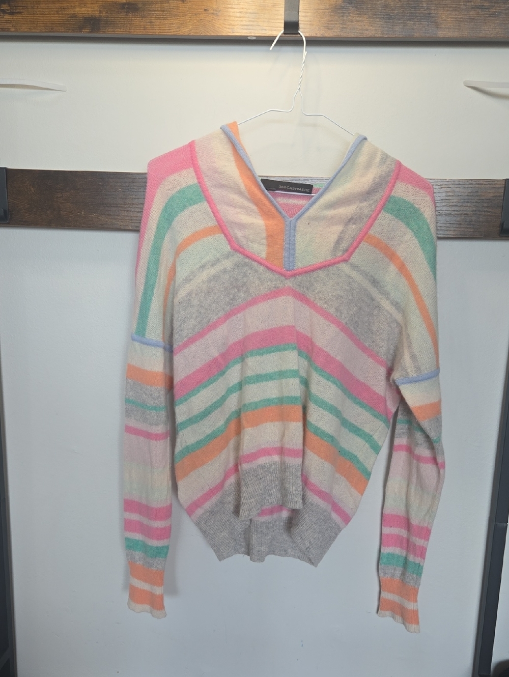 360 Cashmere Pastel Stripe V-Neck Sweater in Pink, Mint, Peach and Cream